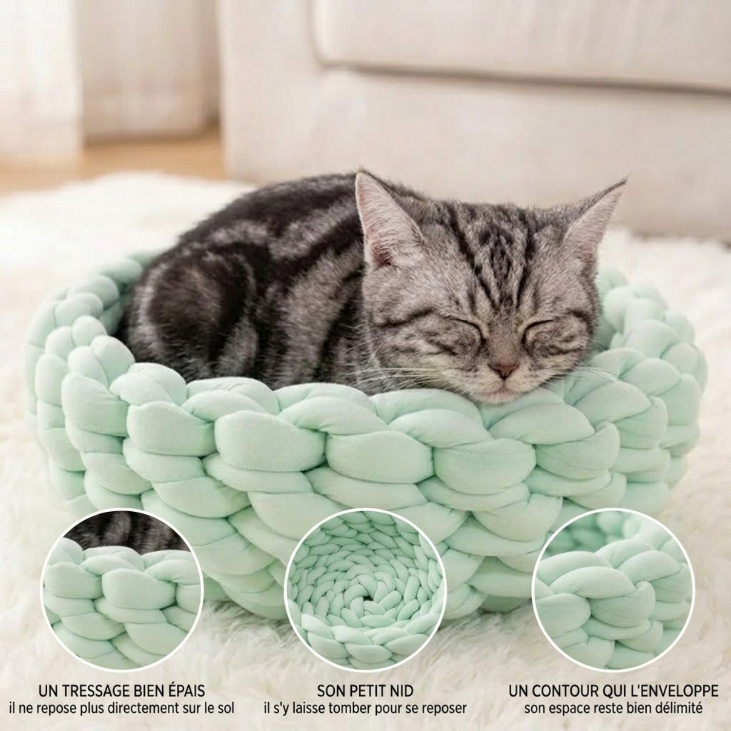 chaton panier tricot vert tressage épais nid contour enveloppant