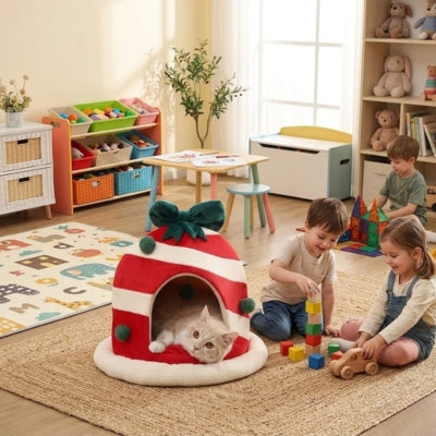 chaton relaxant dans niche chat enfants jouant autour