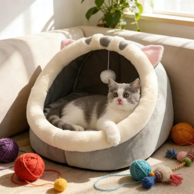 chaton relaxant dans niche pour chat gris