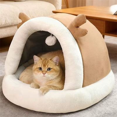 chaton relaxe dans nid chaton beige doré
