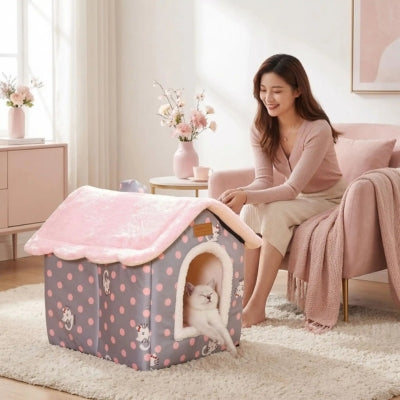 chaton s'étire dans maison pour chaton maîresse la regarde