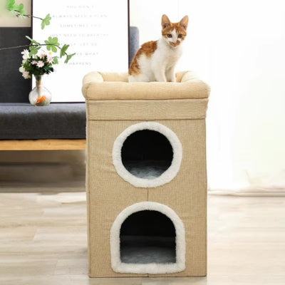 chaton sur pouf niche chat beige