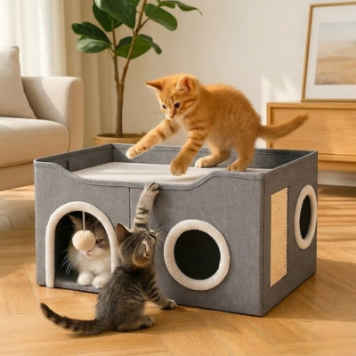chaton sur toit panier niche chat joue avec chaton chat relaxant dedans