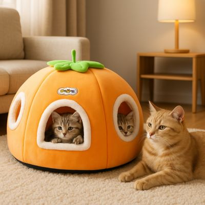 chatons dans niche pour chaton leur maman à côté