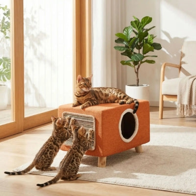 chatons griffent maisonnette pour chat maman relaxant sur dessus