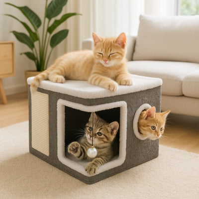 chatons utilisant leur maison pour chat 