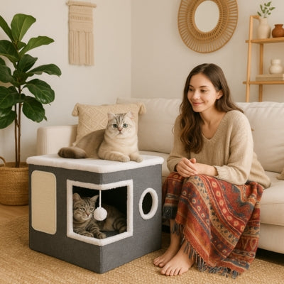 chats relaxant dans maison pour chat  maîtresse tendrement les regardant