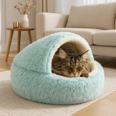 cocon chat vert maine coon endormi dedans