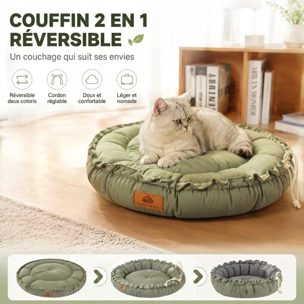 couffin chaton 2 en 1 réversible vert sauge avec transformation du plat au nid