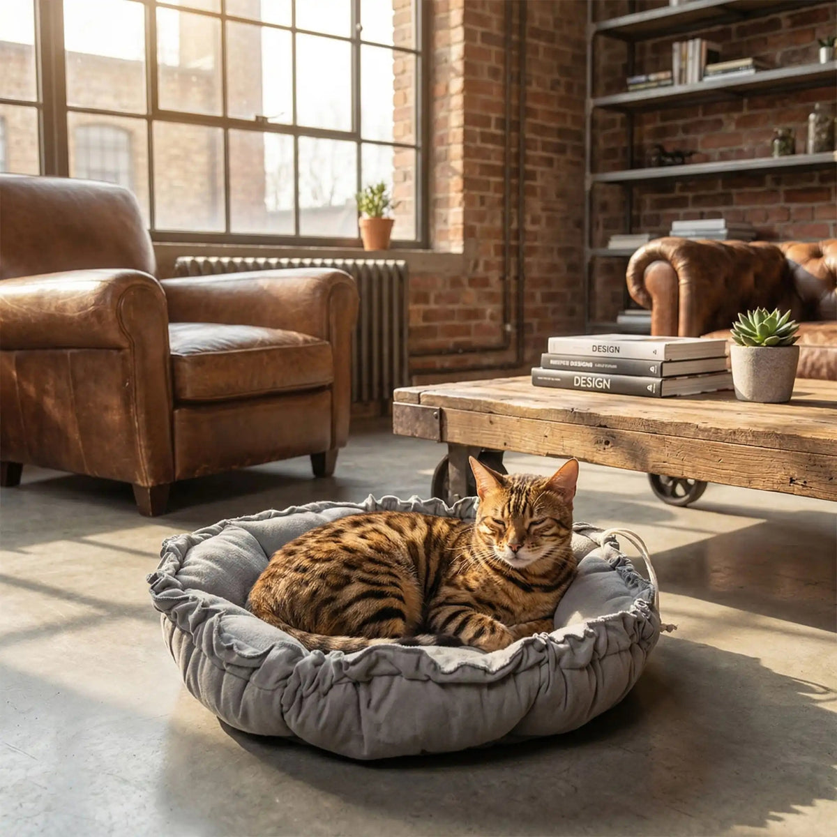 Couffin chaton gris brume avec chat lové dedans en mode nid dans un salon industriel