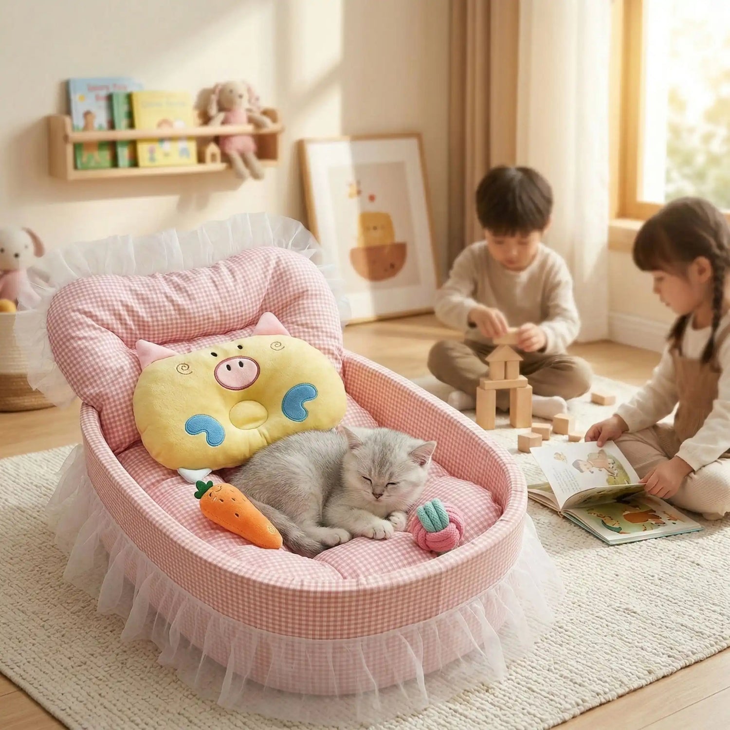 Couffin chaton gris et blanc endormi près des enfants