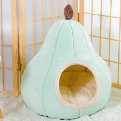 couffin chaton vert pistache sur tapis blanc