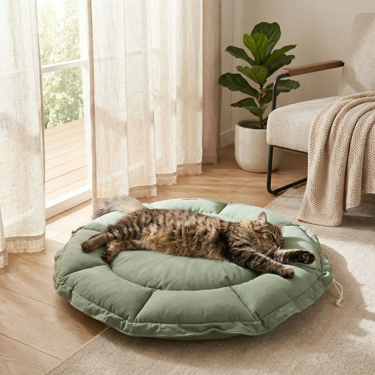 Couffin chaton vert sauge avec chat étiré dessus en mode tapis dans un salon