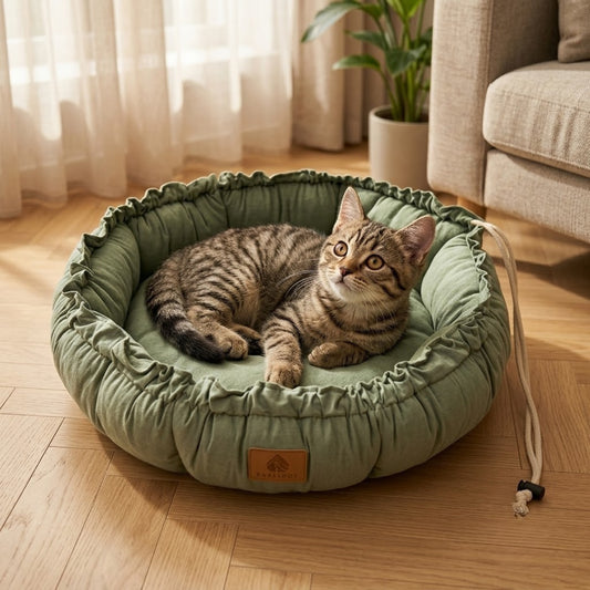 couffin chaton vert sauge avec chaton lové dedans en mode nid