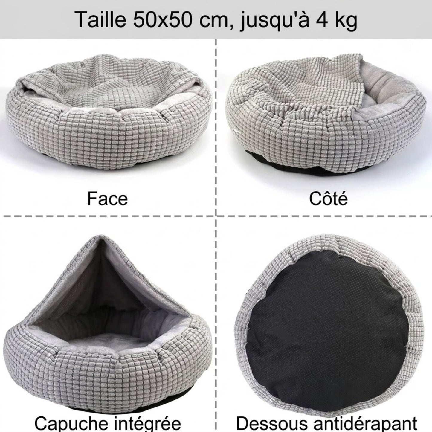 Couffin pour chaton 50x50, face, côté, capuche intégrée et dessous antidérapant