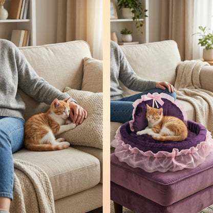 Couffin pour chaton, avant le chaton collé à sa propriétaire sur le canapé, après lové seul dans son couffin