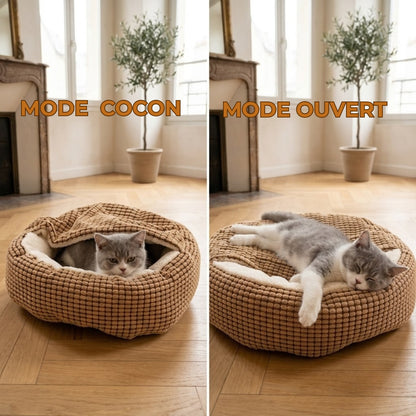Couffin pour chaton café, mode cocon lové dessous et mode ouvert affalé dessus