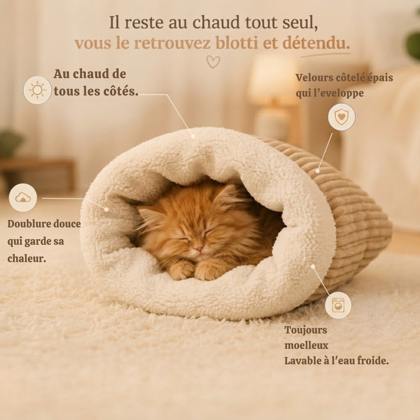 Couffin pour chaton camel, chaton roux endormi, zooms matière et chaleur