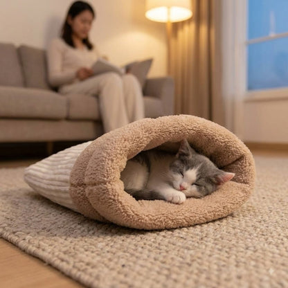 Couffin pour chaton, chaton gris et blanc dort au salon, propriétaire détendue