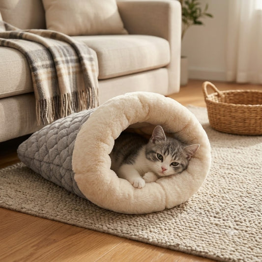 couffin pour chaton gris chaton lové confortablement dedans salon