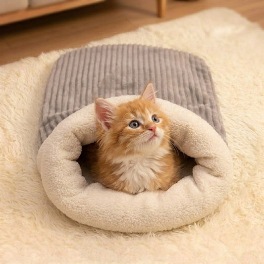 Couffin pour chaton gris, chaton roux lové dedans au salon
