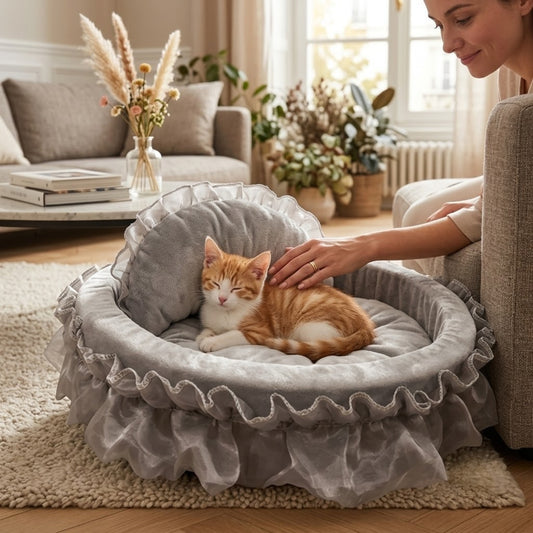 Couffin pour chaton gris avec un chaton roux endormi dedans près de sa propriétaire