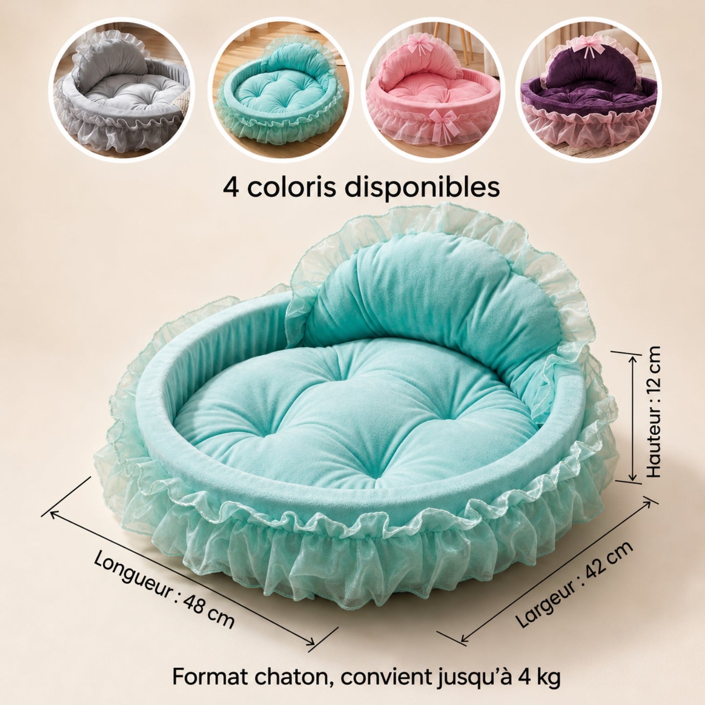 Couffin pour chaton vert d'eau, dimensions et quatre coloris