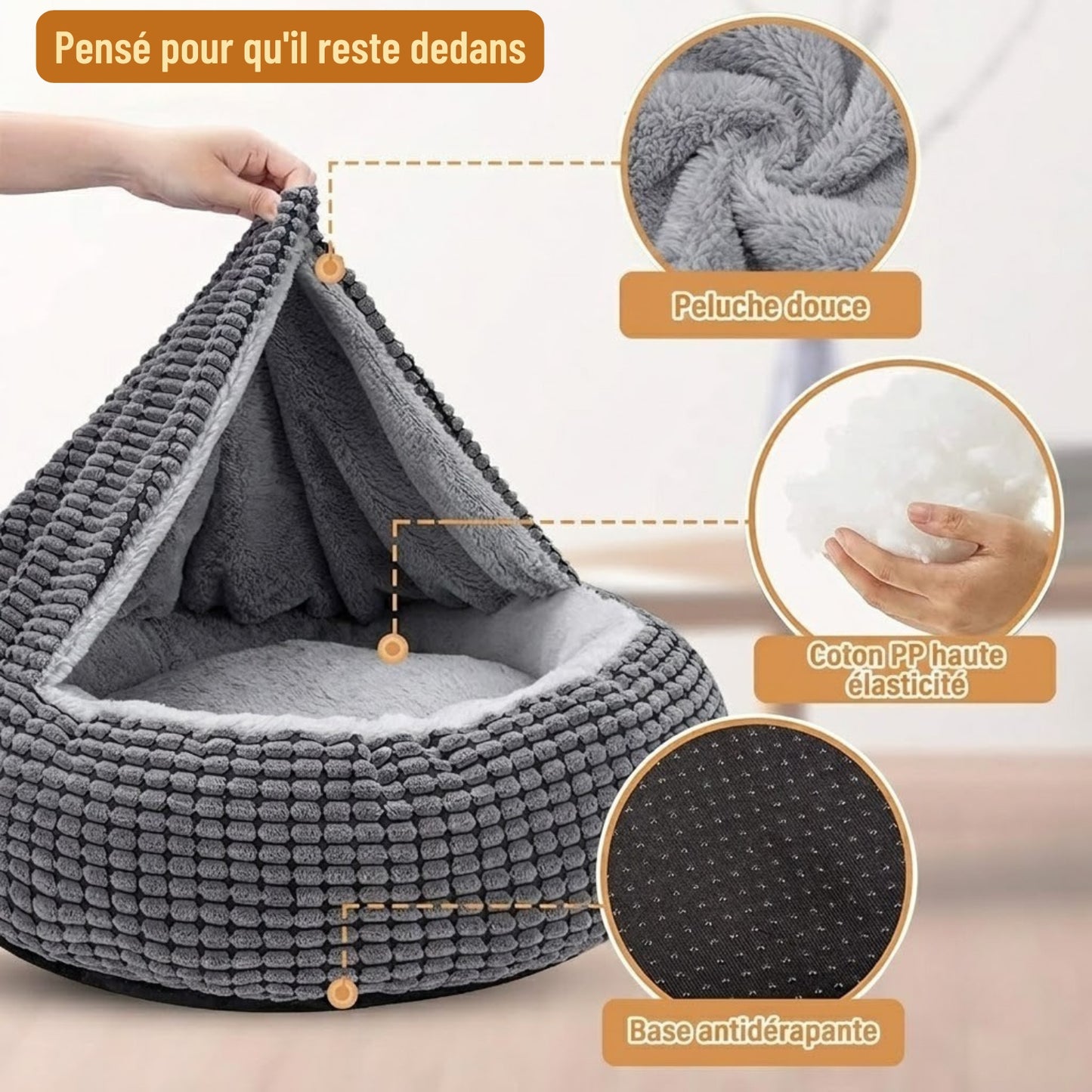 Couffin pour chaton, zoom peluche douce, coton PP et base antidérapante