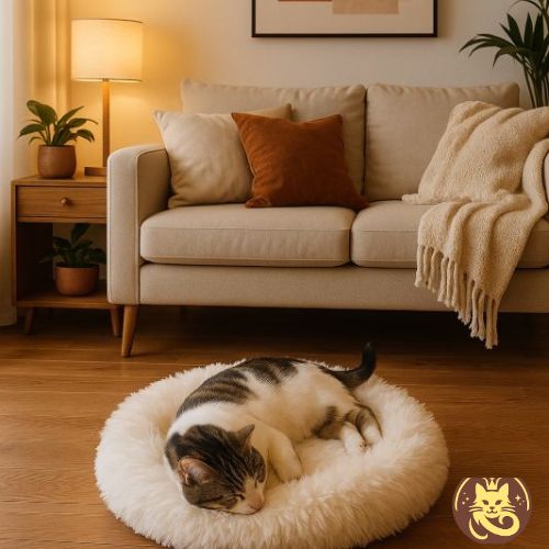 coussin à chat dodo du pacha blanc avec chat endormi paisiblement