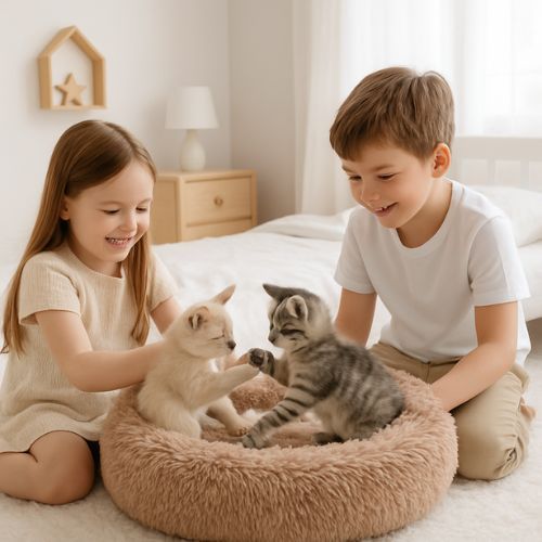 coussin à chat dodo du pacha marron deux chatons jouant avec enfants