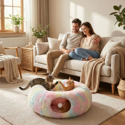 Coussin chat arc en ciel couple salon