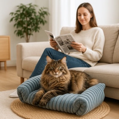 coussin chat bleu gris maine coon detendu femme lisant magasine