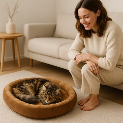 coussin chat café maine coon endormi femme le regardant affectueusement