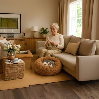 coussin chat cocoonut marron avec chat relaxant dame tricote