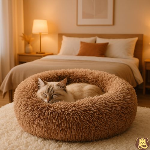 coussin chat cocoonut marron birman endormi dedans chambre à coucher