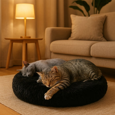 coussin chat cocoonut noir deux chats endormis salon