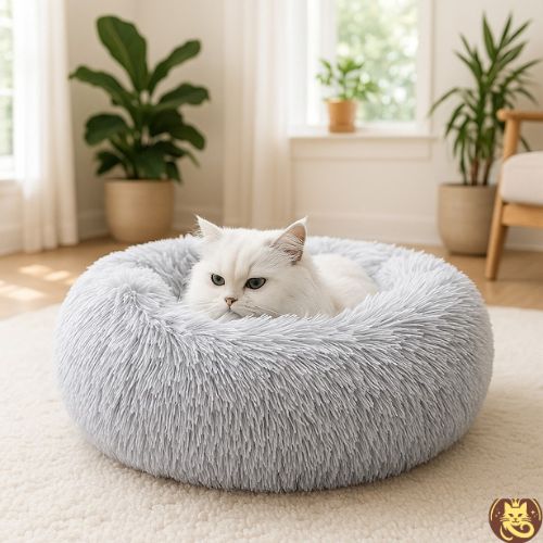 coussin chat cosy dodo argent avec chat blanc en detente