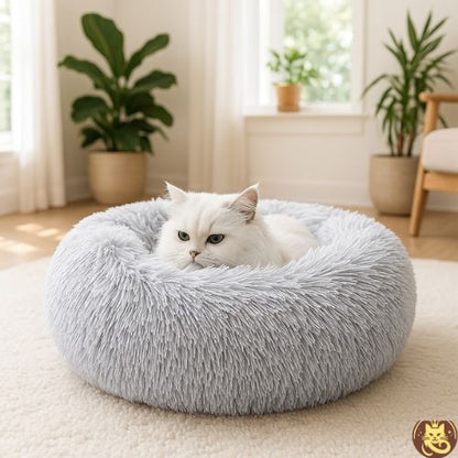 coussin chat cosy dodo argent avec chat blanc en detente