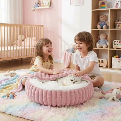 coussin chat donut à capuchon rose enfants chambre