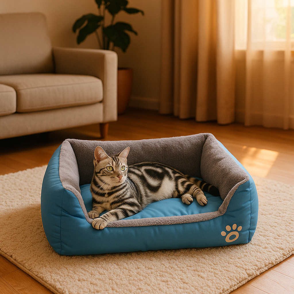 coussin chat le douillet bleu avec american shorthair en detente dedans