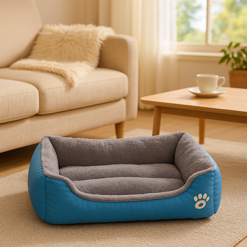 coussin chat le douillet bleu sur tapis blanc