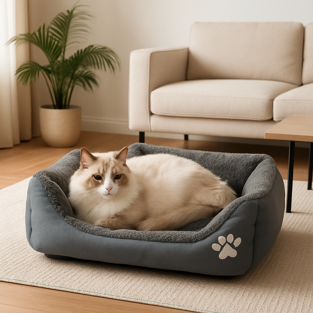 coussin chat le douillet gris avec birman detendu dedans