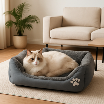 coussin chat le douillet gris avec birman detendu dedans
