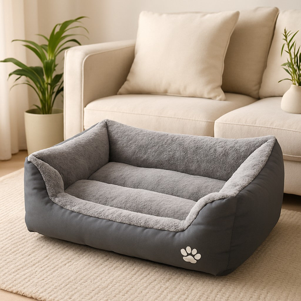 coussin chat le douillet gris sur tapis blanc