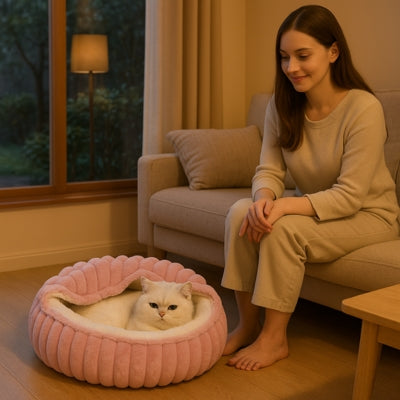 coussin chat rose chat lové dedans maîtresse le regardant avec ravissement