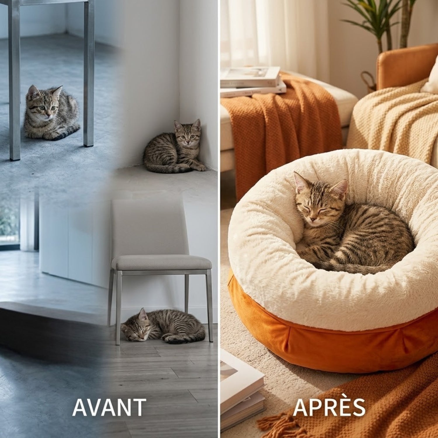 Coussin chaton, avant dans un coin, après endormi dedans