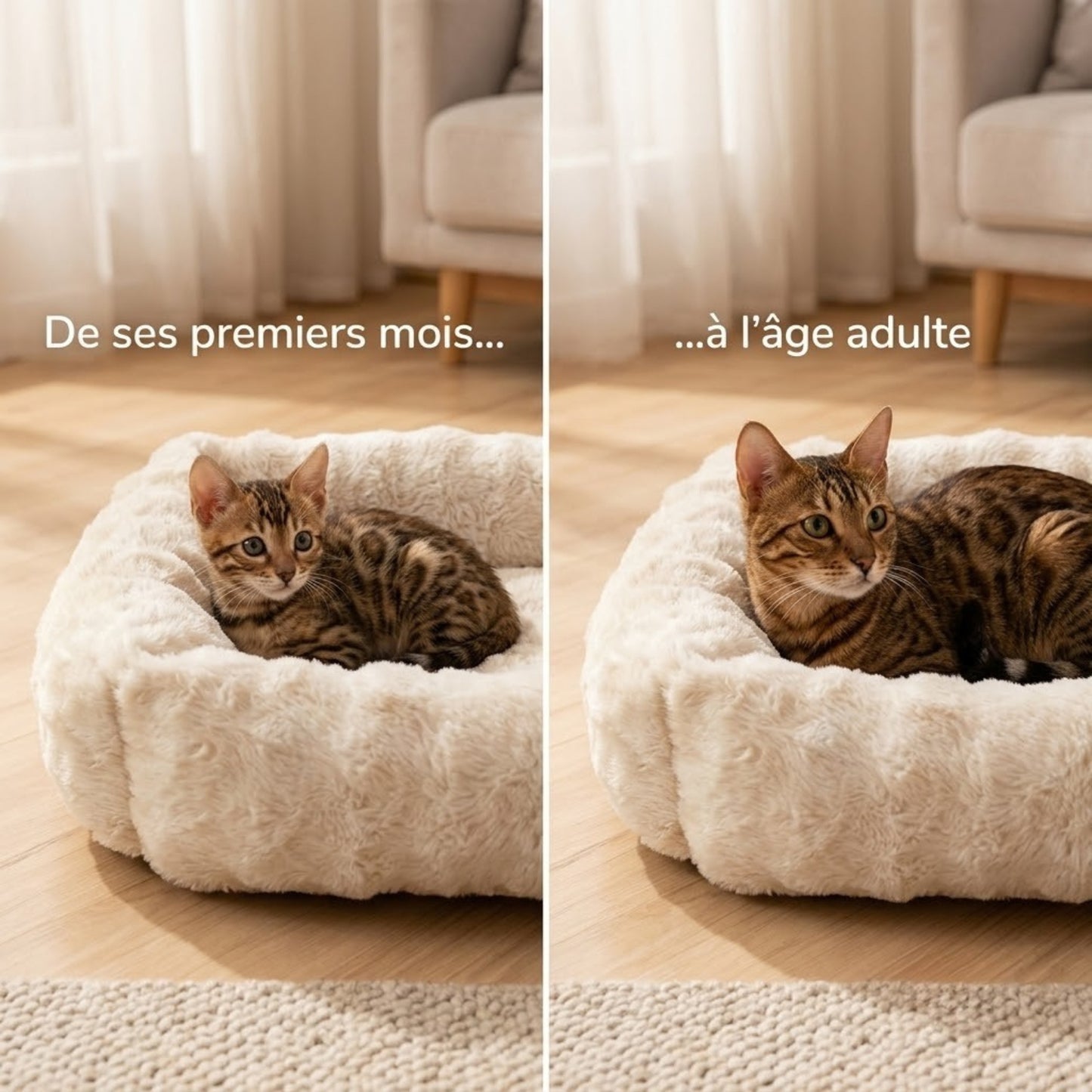 Coussin chaton bords hauts beige, du chaton à l'âge adulte dans le même coussin