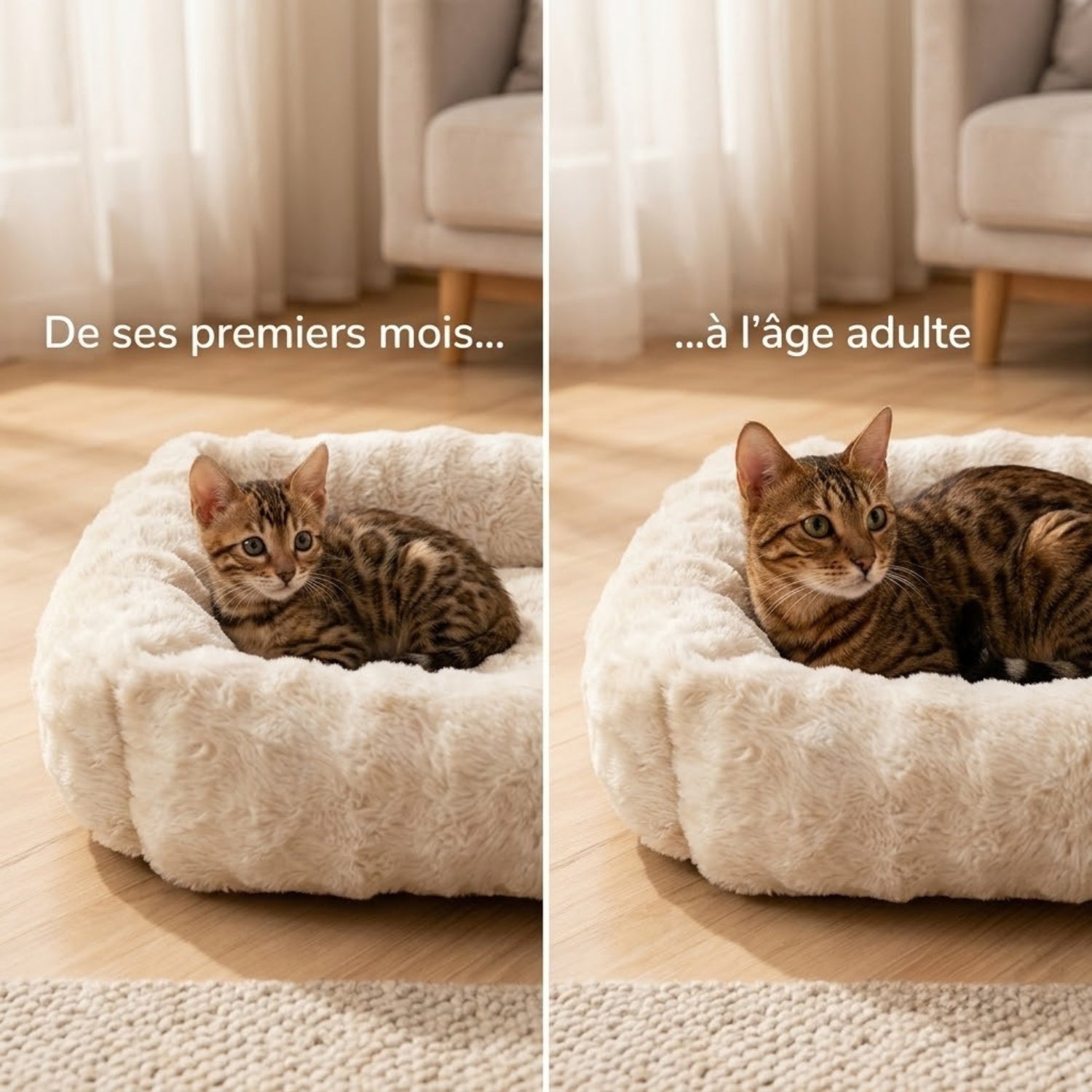 Coussin chaton bords hauts beige, du chaton à l'âge adulte dans le même coussin