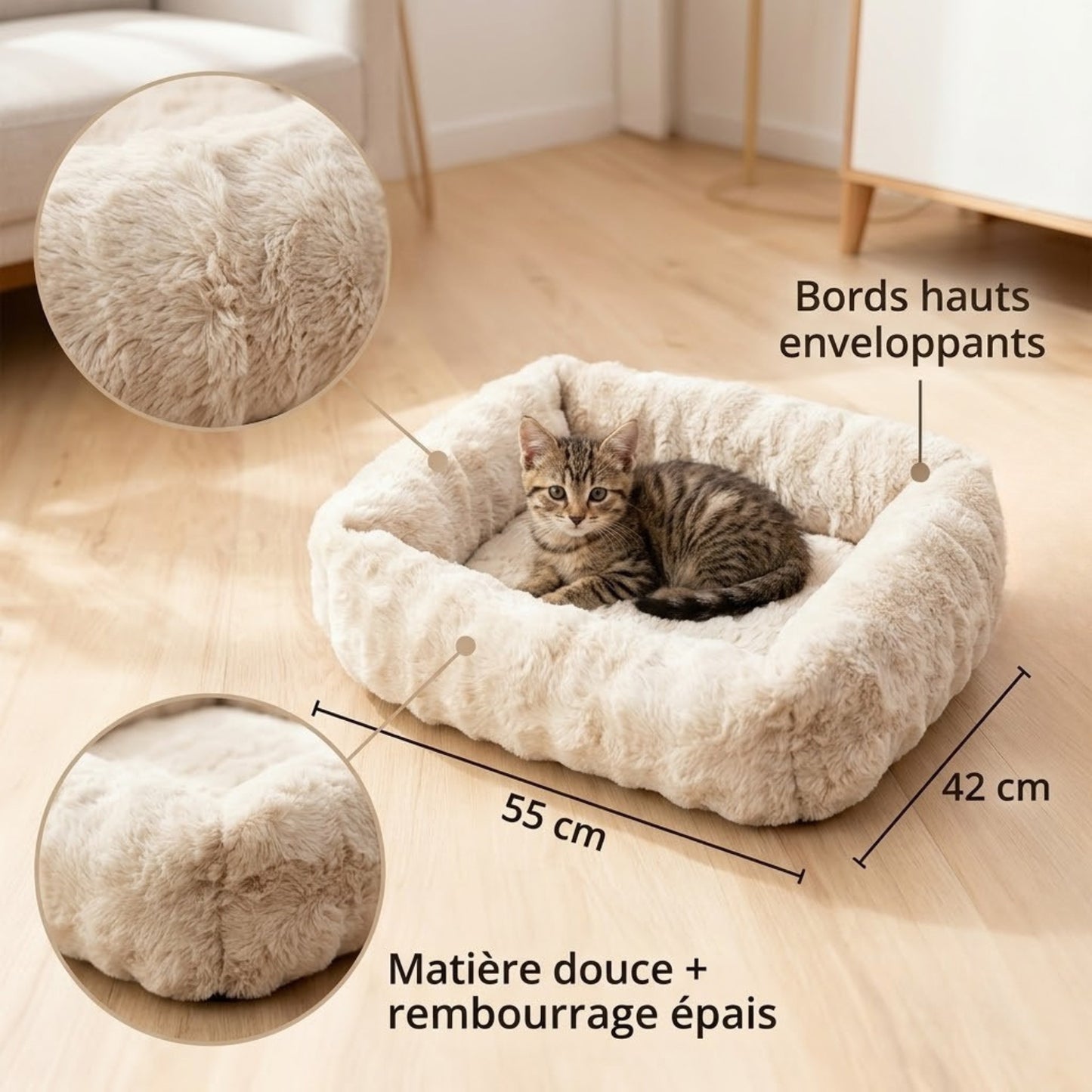Coussin chaton bords hauts beige, dimensions 55 x 42 cm, bords hauts enveloppants