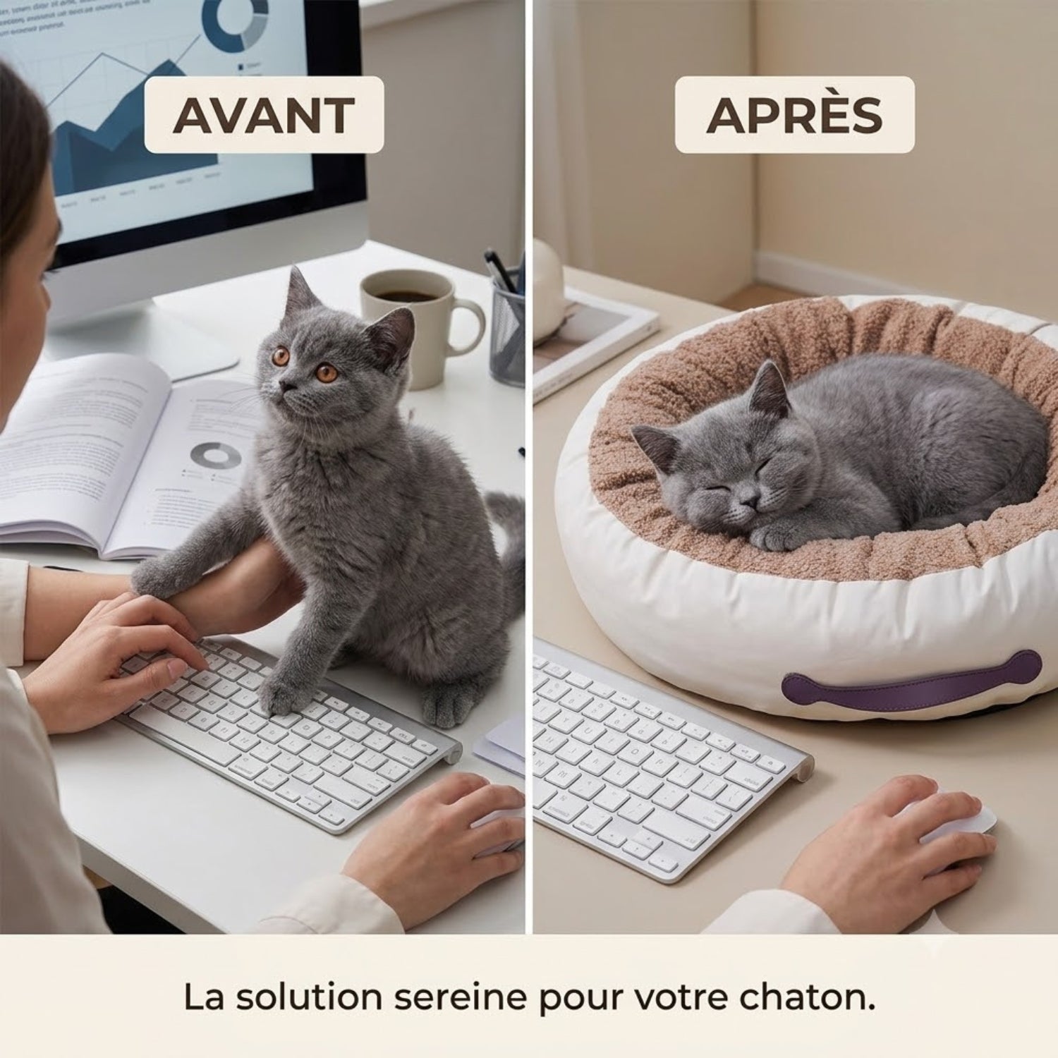 Coussin chaton gris, avant sur clavier, après endormi dedans